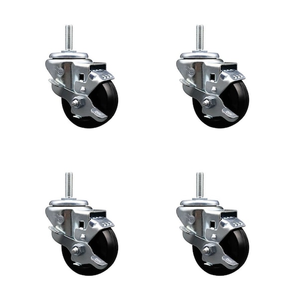 Service Caster 3 Inch Soft Rubber Wheel Swivel 34 Inch Threaded Stem Caster Set with Brake SCC SCC-TS20S314-SRS-TLB-34212-4 - main
